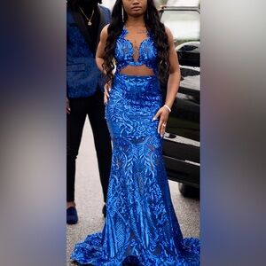 custom made blue prom dress. im 5’2 and 145 fits like a size 4 dress